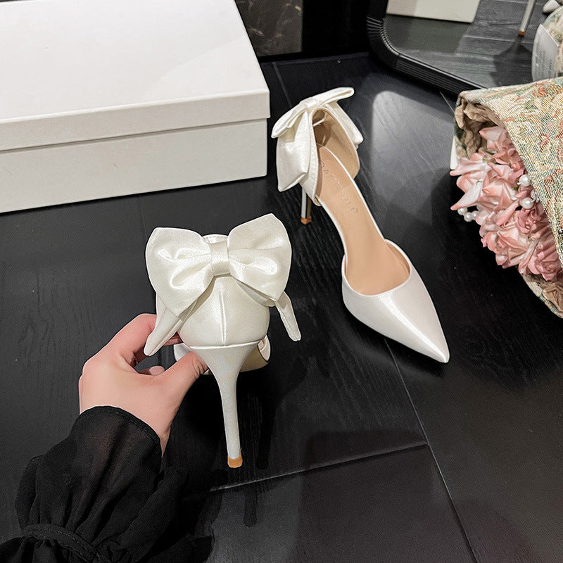Ivory White Satin Bow Back Stiletto Heels for Women | Oversized Bow D'Orsay Pointed Toe Pumps | Elegant Bridal Wedding Bow Heels | Luxury Satin Back Bow High Heel Shoes