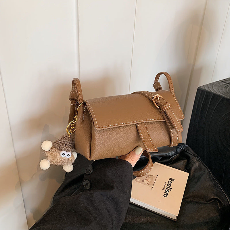 Taupe Brown Leather Crossbody Bag - Structured Flap Bag with Braided Strap & Hedgehog Charm | Small Shoulder Bag