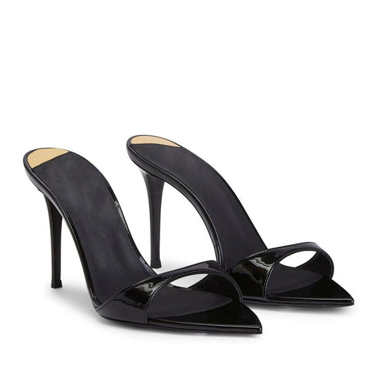 Black Patent Leather Single Strap Pointed Toe Stiletto Mule Heels | Women's Minimalist Slip-On High Heel Shoes