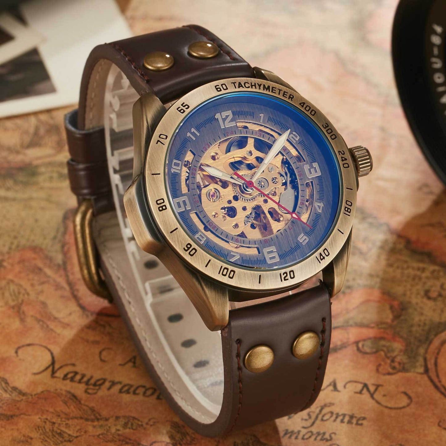 Shenhua Bronze Skeleton Automatic Mechanical Watch Brown Leather Tachymeter Bezel | Men Vintage Steampunk Transparent Dial Luxury Wrist Watch