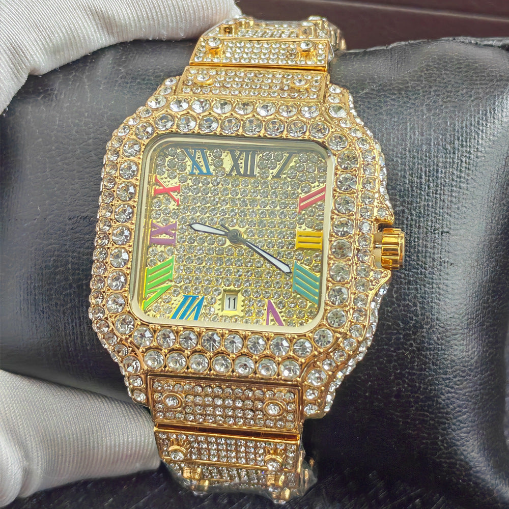 Iced Out Gold Square Watch | Full Diamond Crystal Baguette Bracelet Watch with Colorful Roman Numerals & Date Display | Hip Hop Luxury Watch