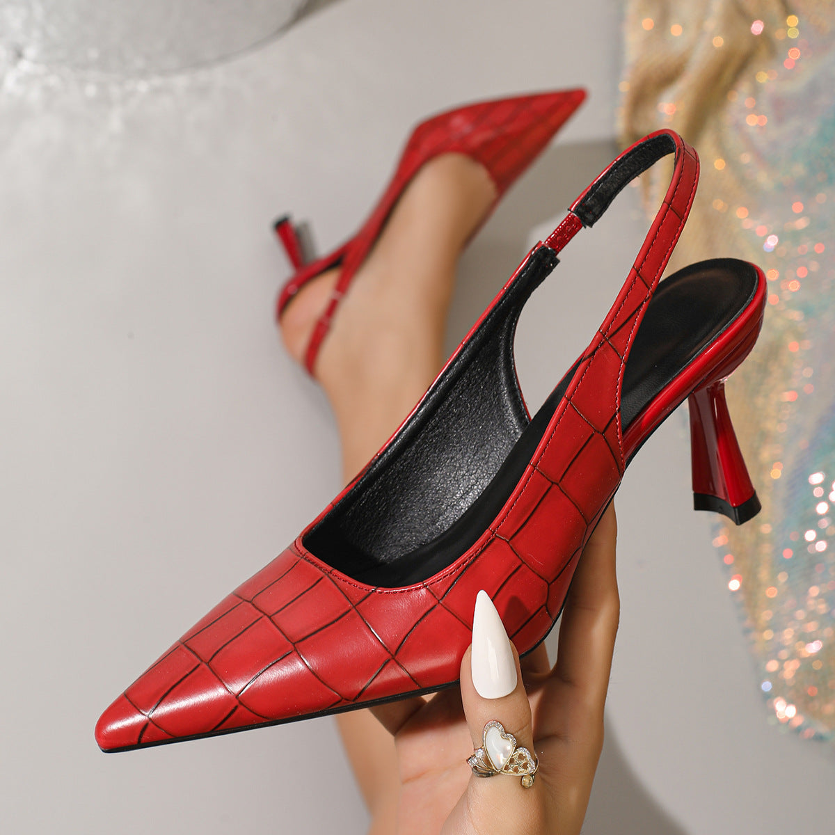 Black Croc Embossed Pointed Toe Slingback Heels | Women's Sculptural Stiletto Buckle Strap Pumps | Textured Luxury Heels