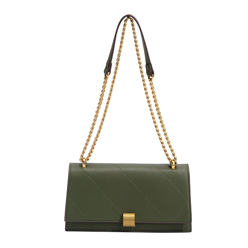 Olive Green Quilted Leather Shoulder Bag - Diamond Quilted Flap Bag with Gold Chain Strap | Classic Crossbody with Rectangle Clasp