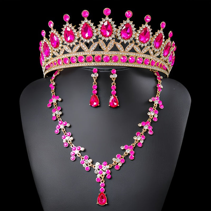 Bridal Crown Jewelry Set | Crystal Tiara Necklace & Earrings | Wedding Queen Accessories