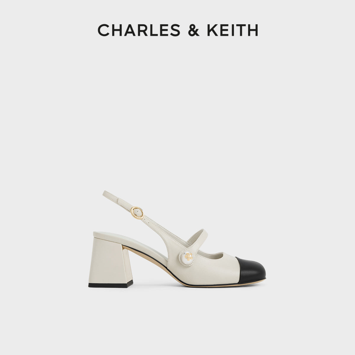 Ivory Black Cap Toe Mary Jane Slingback Block Heels for Women | Two Tone Pearl Button Strap Mid Heel Pumps | Elegant Vintage Inspired Block Heel Shoes | Chanel Inspired Cap Toe Heels