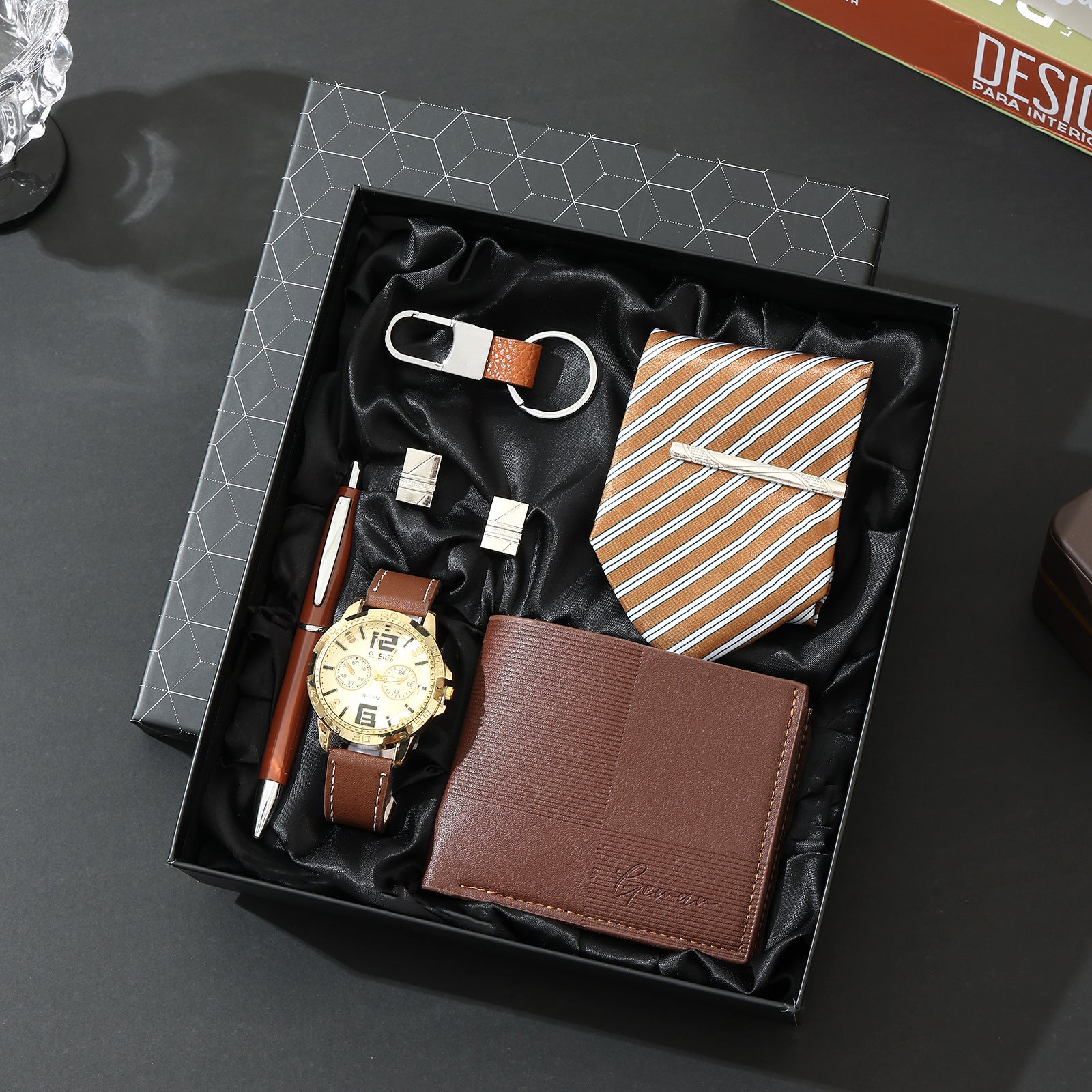 Geman Men's Luxury Gift Set – 6-Piece Black Leather Belt, Wallet, Watch, Bracelet, Keychain & Pen Box Set | Premium Men's Gift