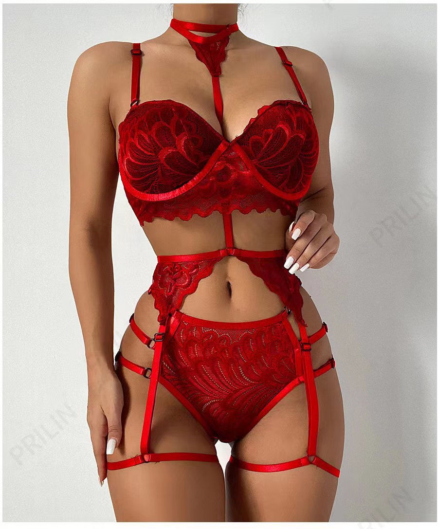 Women's Black Feather Lace 4 Piece Strappy Harness Lingerie Set Sexy Push Up Bra High Waist Panty Garter Belt and Leg Band Set