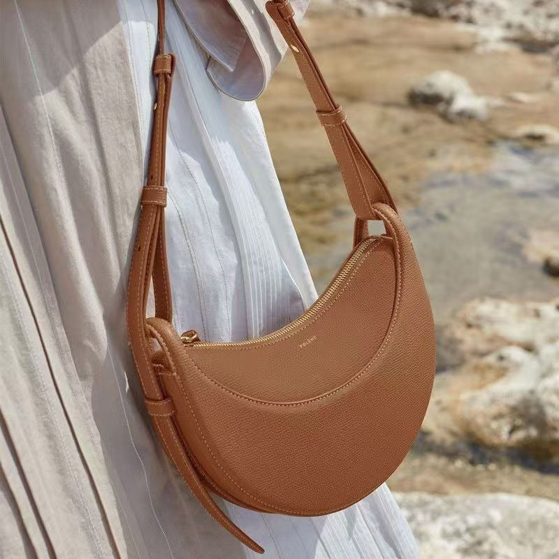 Polene Style Cream Crescent Bag - Half Moon Leather Shoulder Bag | Women's French Inspired Minimalist Hobo Bag with Adjustable Strap