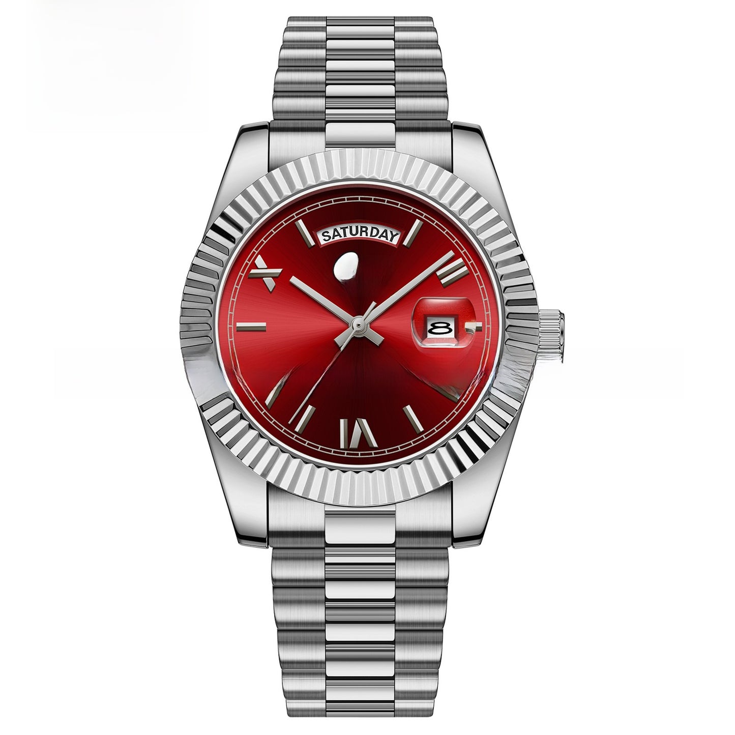 Carsikie Herrenuhr mit arabischen Ziffern | Schwarzes Zifferblatt mit Sonnenschliff | Geriffelte Lünette im Präsidentenstil | Tag- und Datumsanzeige | Silberne Edelstahluhr 