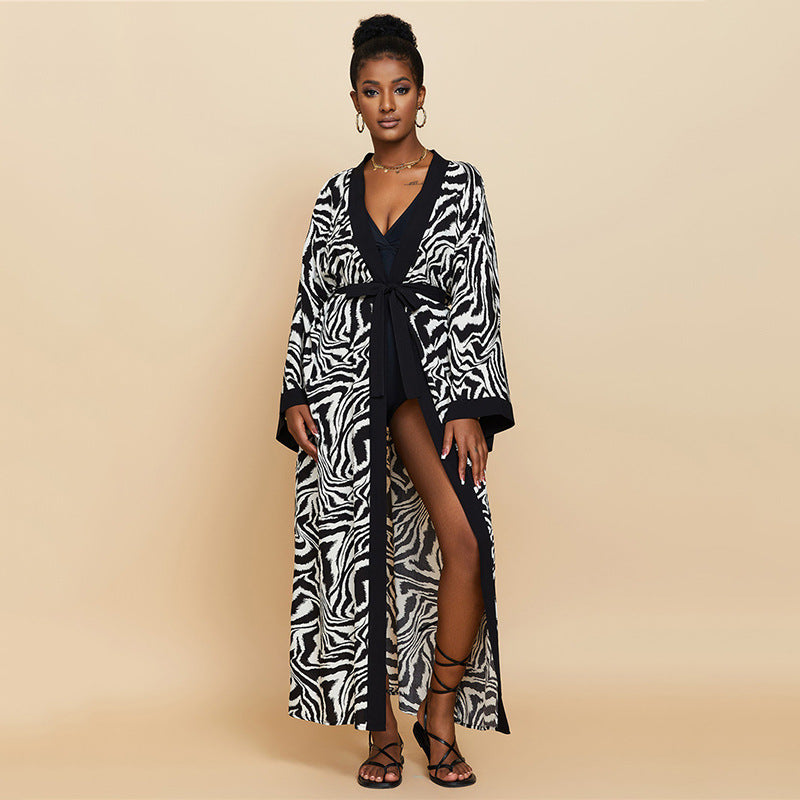 Women's Zebra Print Maxi Kimono Cover-Up | Long Belted Open Front Cardigan | Beach Pool Swimsuit Cover Up ? Black & White Animal Print