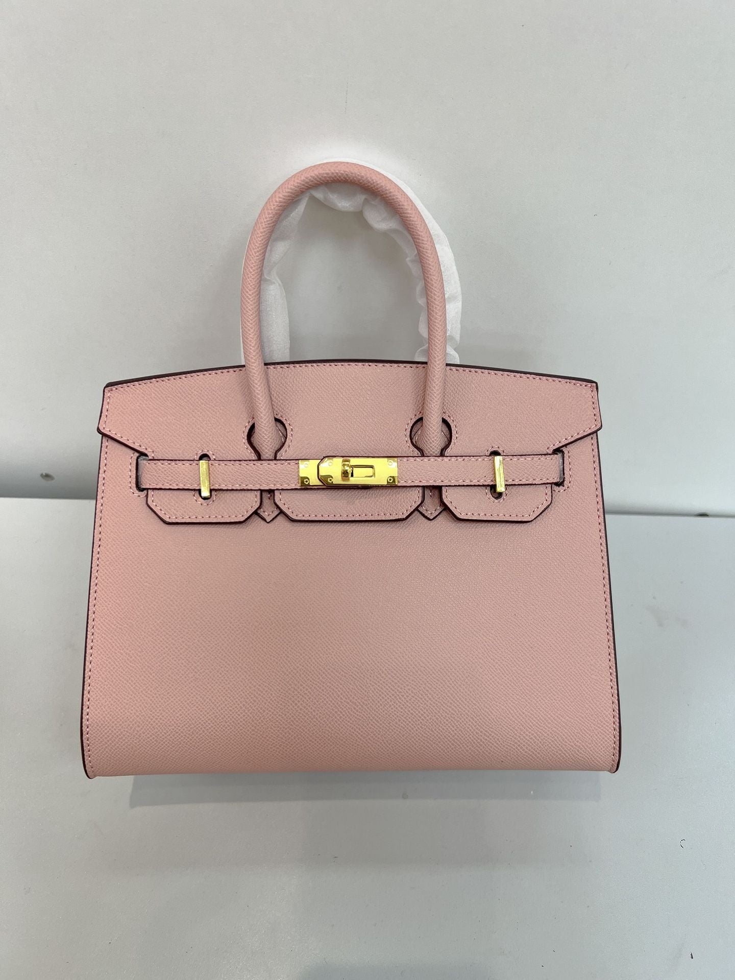 Women's Luxury Structured Leather Tote Bag | Taupe Grey Gold Hardware Top Handle Handbag | Designer Style Purse