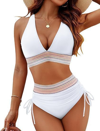 Black Chevron Crochet Panel Halter Bikini Set | Deep V Top & High Waist Drawstring Ruched Bottoms | Boho Tummy Control Two Piece Swimsuit Women