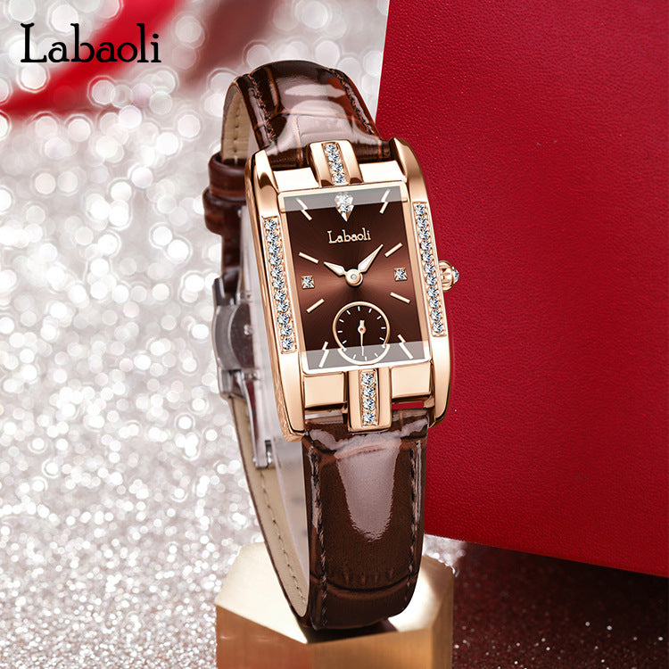 Labaoli Women's Rose Gold Rectangle Watch | Red Dial Crystal Lug Sub-Seconds Patent Leather Luxury Quartz Watch