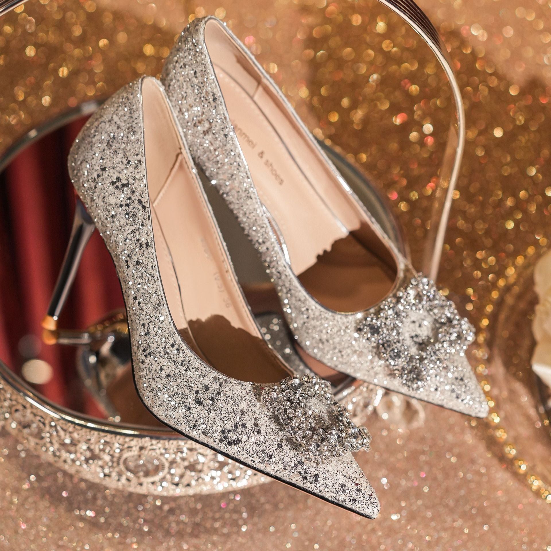 Gold Glitter Stiletto Heels | Crystal Rhinestone Buckle Pointed Toe Pumps | Wedding & Evening Party Shoes for Women
