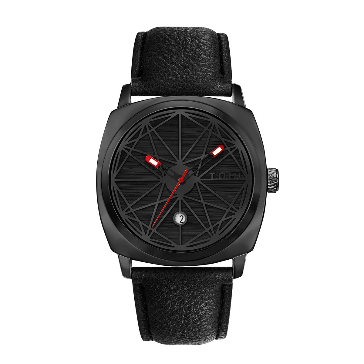 TOMI All Black Geometric Dial Men's Watch | Red Accent Hands Cushion Case Black Leather Strap Date Watch