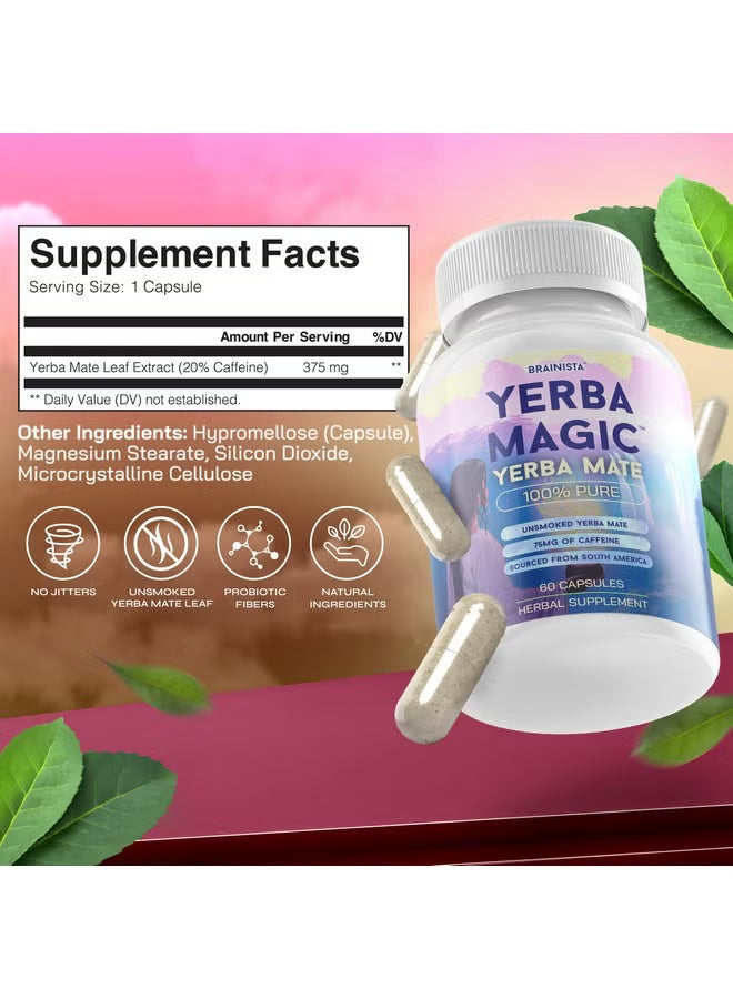 Brainista Yerba Magic Yerba Mate 100% Pure Set of 2 | 60 Capsules | 75mg Caffeine Unsmoked South American Herbal Energy Supplement