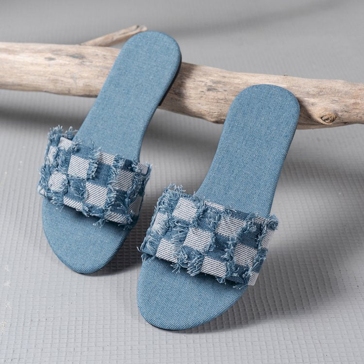 Women's Black Checkered Frayed Denim Flat Slides ? Casual Open Toe Slip-On Summer Sandals