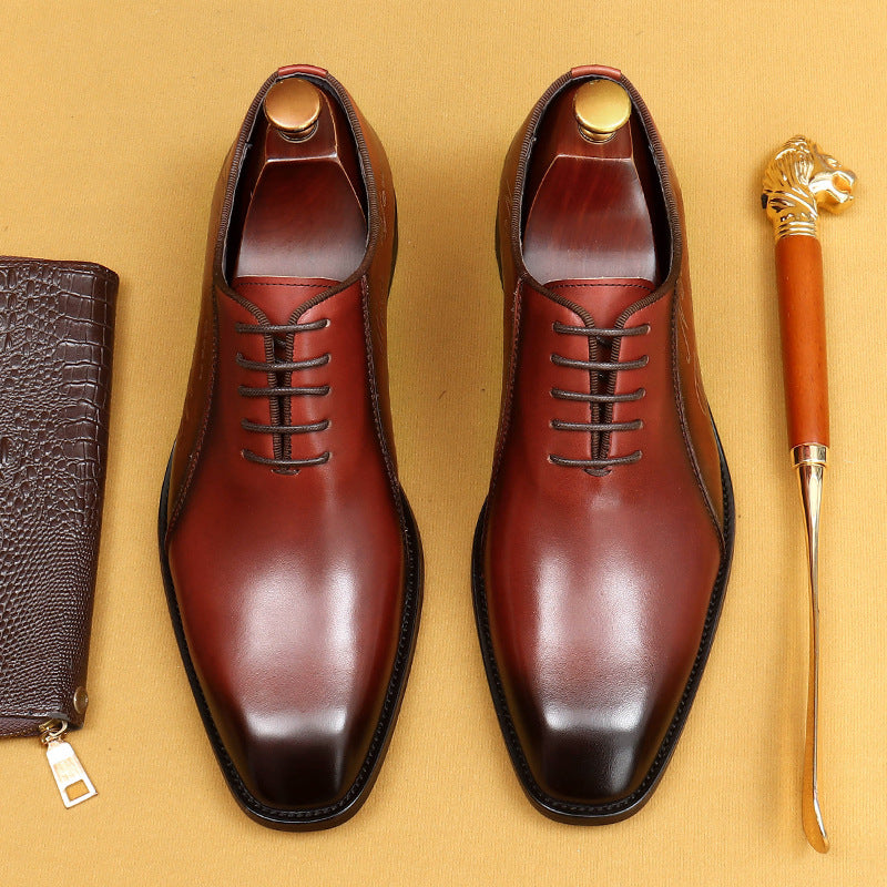 Men's Two-Tone Navy Blue & Burgundy Leather Oxford Dress Shoes | Script Embossed Lace-Up Formal Shoes