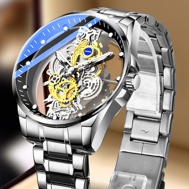 Skelettierte mechanische Herrenuhr mit Automatikwerk | Hohlprofil-Tourbillon, Goldzahnrad, Edelstahl | Luxuriöse Uhr mit blauen Akzenten 