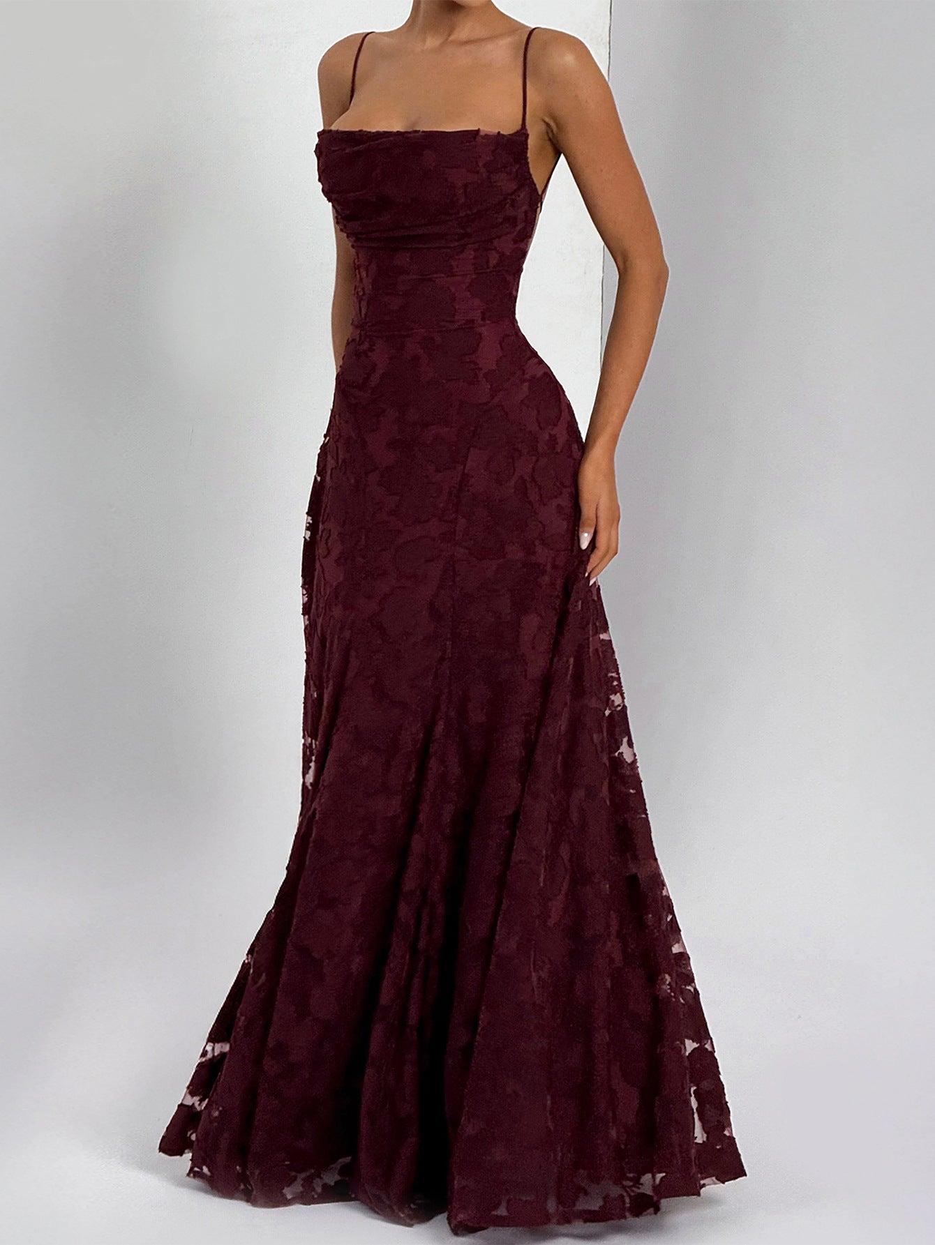 Burgundy Lace Floral Maxi Dress | Spaghetti Strap A-Line Formal Evening Gown