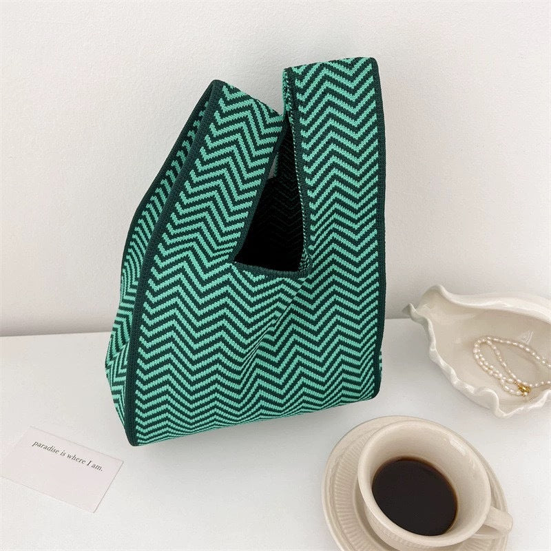 Black & White Geometric Knit Tote Bag | Aztec Pattern Wrist Handle Handbag | Boho Crochet Style Women's Bag