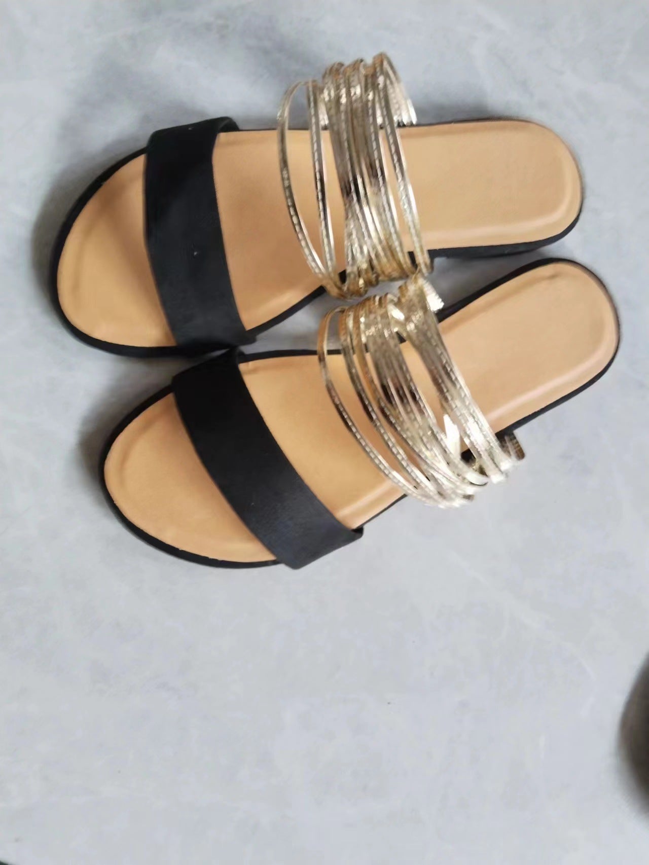 Black Suede Multi Gold String Strap Flat Sandals | Women's Boho Open Toe Slide Sandals