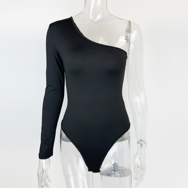 Black One Shoulder Long Sleeve Bodysuit | Women's Fitted Thong Bodysuit Top