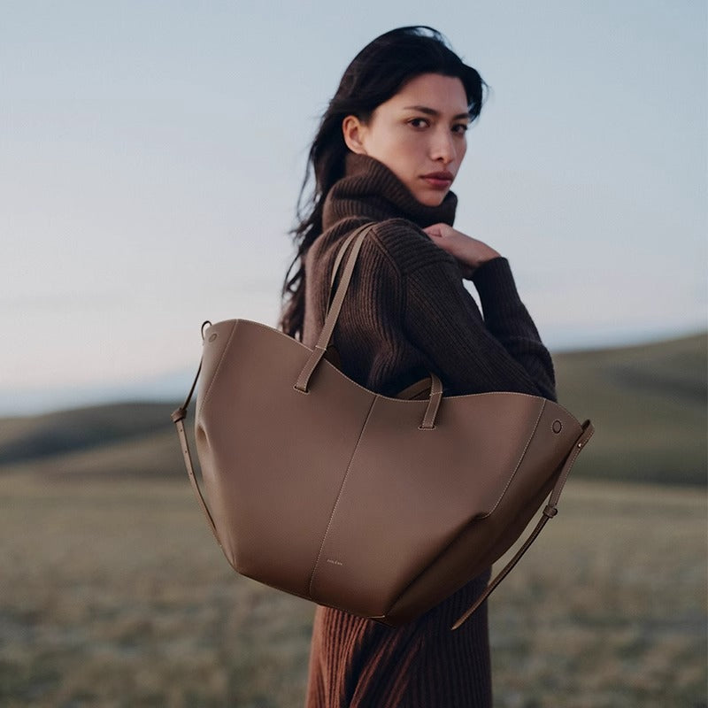 Polene Numero Un Maxi Bag in Marrone Cammello - Autentica Borsa Tote Francese in Pelle | Borsa a Spalla Curva Firmata con Lacci Regolabili