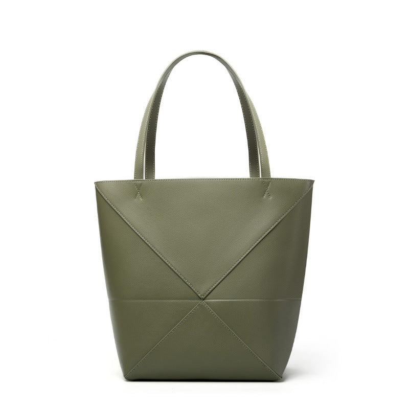 Black Leather Tote Bag - Minimalist Geometric Panel Shoulder Bag | Women's Large Capacity Work Shopping Tote