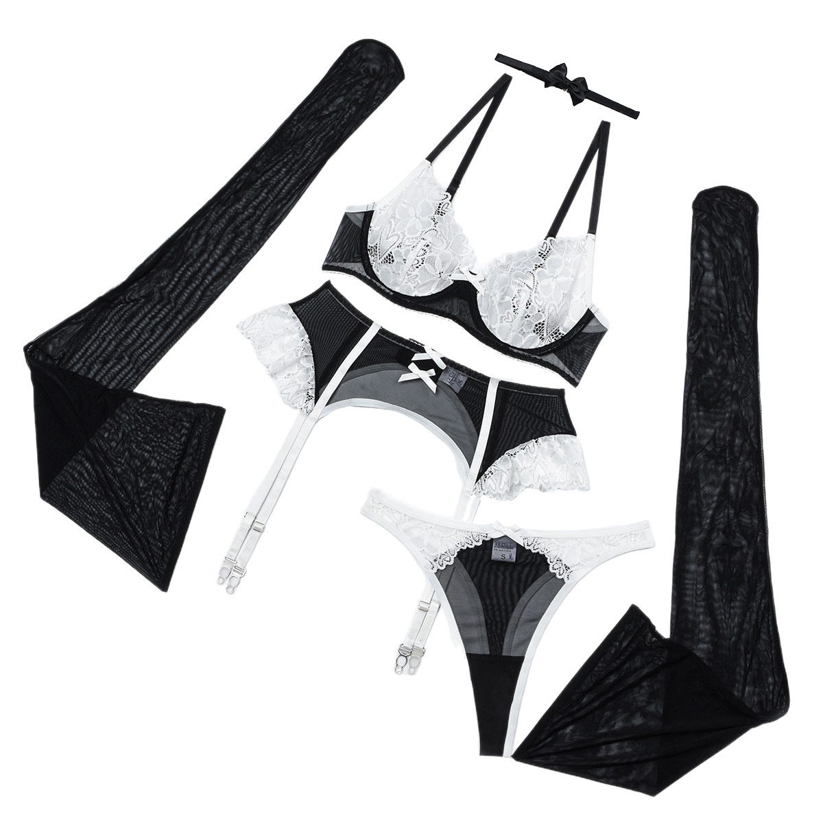 Black White Lace Heart Bra Garter Belt & Thong Set | 4 Piece Sexy Lingerie Set with Choker | Women's Boudoir Underwear