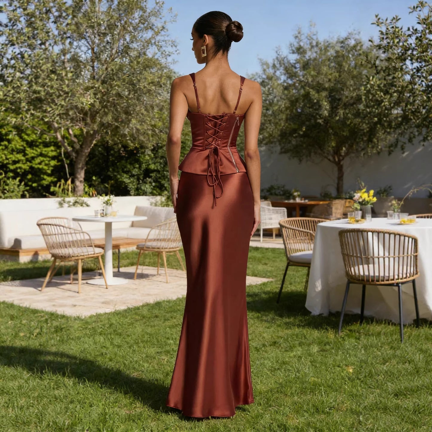 Rust Brown Satin Corset Maxi Dress | Deep V Neck Pleated Bust Mermaid Gown | Women's Elegant Formal Evening Dress | Wedding Guest & Gala Outfit