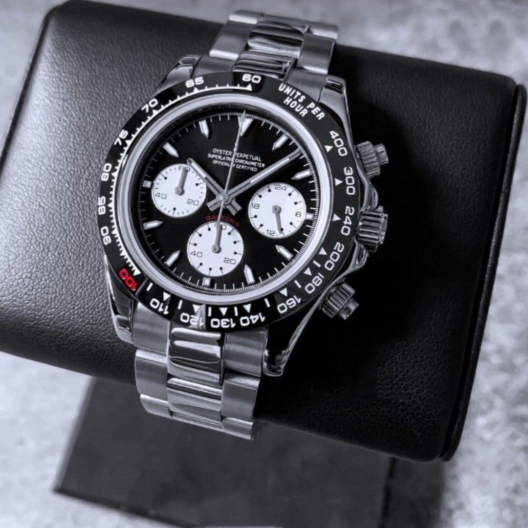 Men's Ice Blue Chronograph Watch | Daytona Style Black Ceramic Tachymeter Bezel 904L Steel Oyster Bracelet | Racing Sport Timepiece