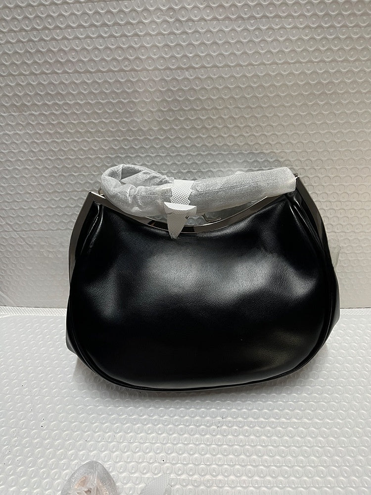 Black Leather Silver Frame Clasp Shoulder Bag Vivienne Westwood Style Hobo Clutch | Women Luxury Designer Inspired Evening Party Handbag Purse