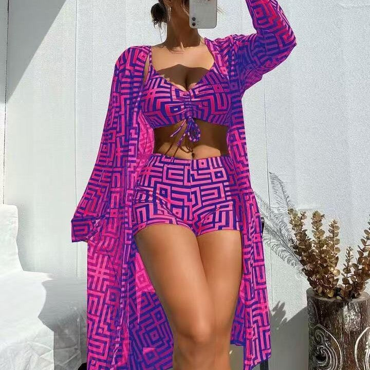 Geometric Maze Print 3-Piece Bikini Set, Front Tie Crop Top & High Waist Shorts with Long Kimono Cover Up, Women Brown Cream Swimwear, Luxury Matching Beach Outfit, Resort Vacation Swimsuit