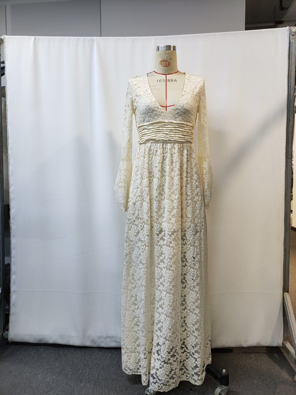 Boho Lace Bell Sleeve Maxi Dress | Cream Floral Crochet V-Neck Tiered Floor Length Dress | Bohemian Wedding Festival Dress for Women