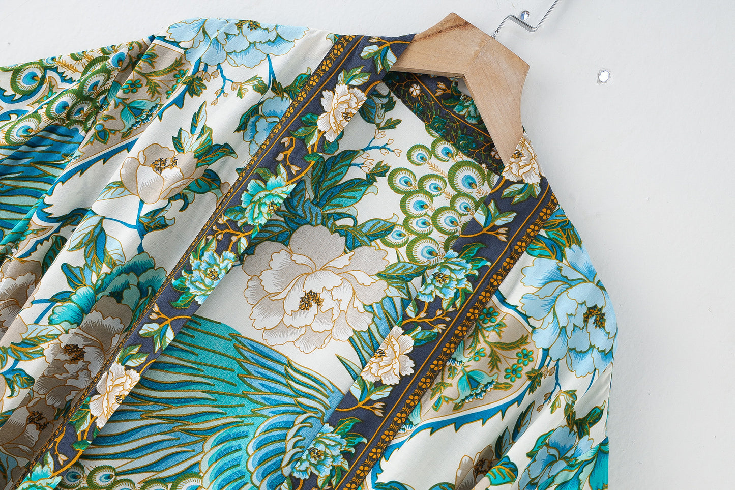 Boho Floral Peacock Print Kimono Robe for Women | Belted Long Midi Wrap Kimono Cardigan ? Beach Cover Up