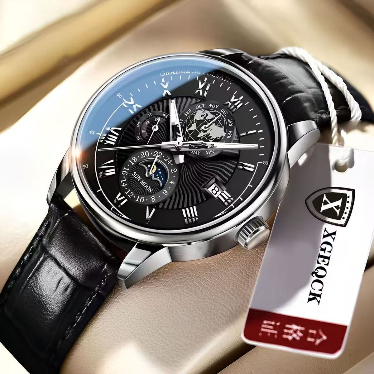 Men's Multi-Complication Moon Phase Watch | Rose Gold White Dial Globe World Map | Pulsation Scale Month Calendar Brown Leather