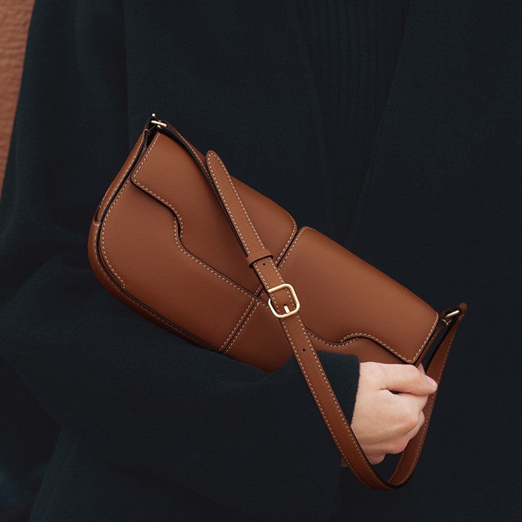 Polene Genuine Leather Black Leather Baguette Bag | Minimalist Shoulder Bag with Flap Closure