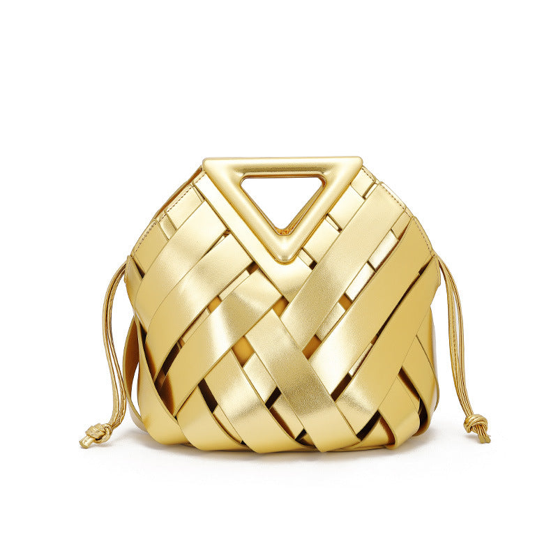 Gold Metallic Woven Basket Bag with Triangle Handle | Luxury Statement Handbag