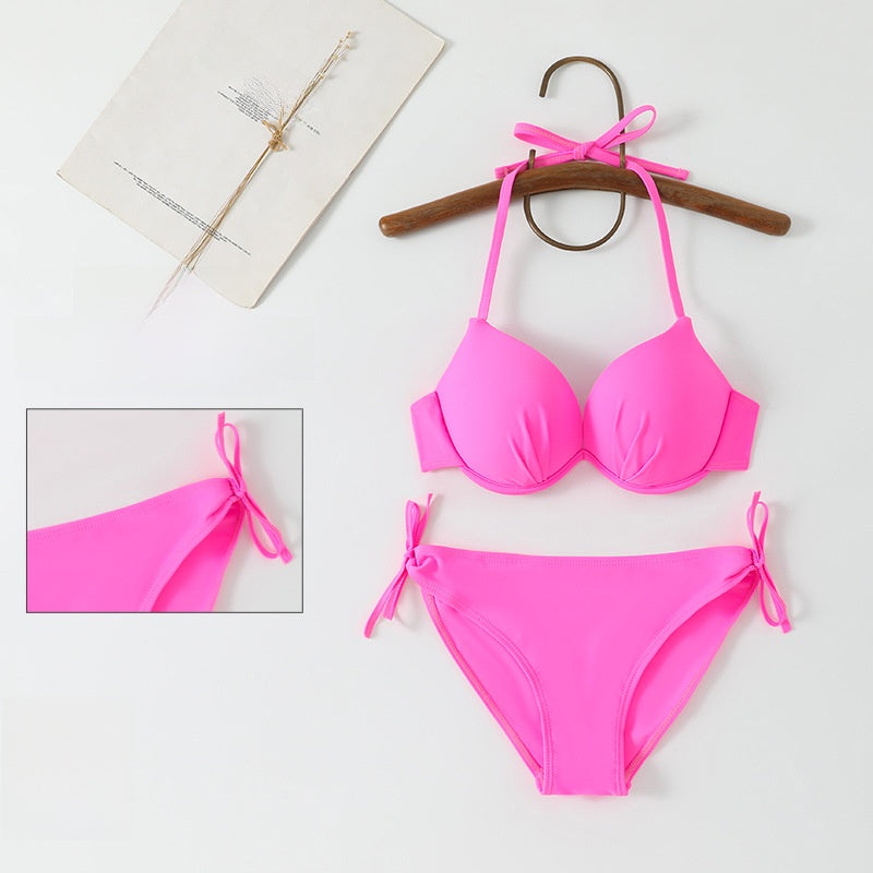 Completo Bikini Fantasia Pied de Poule | Top Push Up Halter Bianco Nero & Slip con Laccetti | Costume da Bagno Due Pezzi Stampa Retrò da Donna