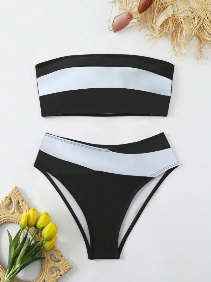 Completo Bikini Fascia Color Block Bianco e Nero, Top Senza Spalline e Slip a Vita Alta, Costumi da Bagno Donna a Contrasto Audace, Costume da Bagno Sportivo Chic da Spiaggia, Costume da Bagno Due Pezzi Minimalista