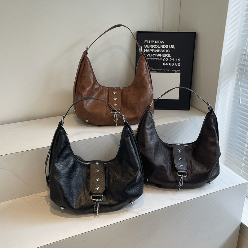 Black Leather Hobo Bag with Star Studs | Slouchy Shoulder Bag with Zip Detail