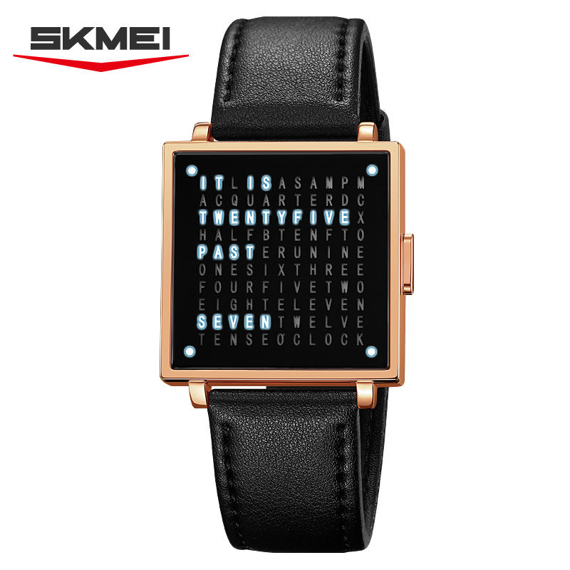 SKMEI Word Clock Watch | Unique Text Display Square Dial Leather Strap | Creative Novelty Quartz Watch for Men & Women