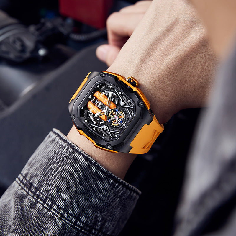 LILUOKE Men's Engine Skeleton Tourbillon Watch | Orange Black Supercar Inspired | Mechanical Turbine Dial | Date Window | Luxury Sport Racing Watch | UAE