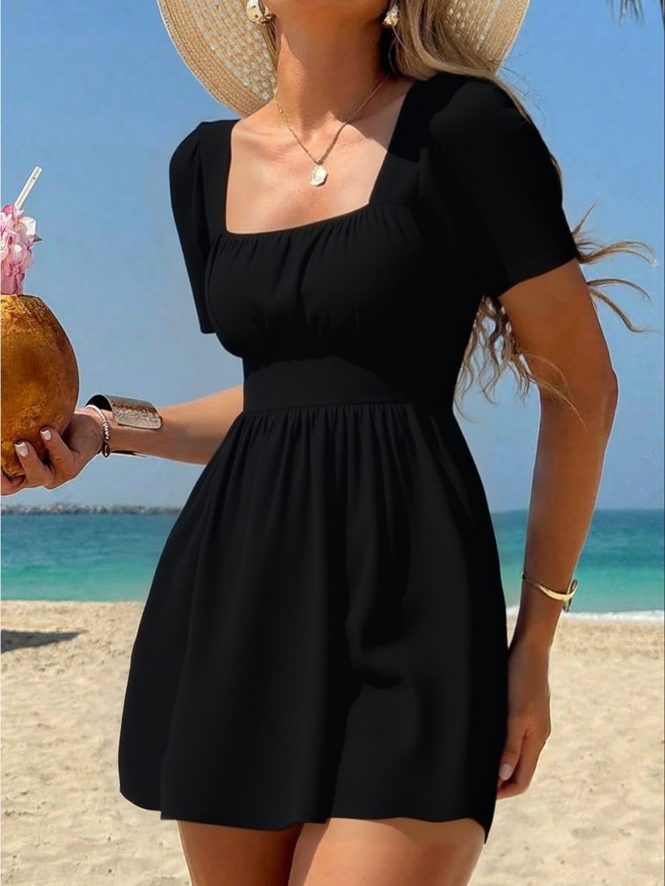 Women's Black Square Neck Short Sleeve Mini Dress - Ruched Bodice A-Line Flowy Summer Dress | Beach, Vacation & Casual Wear