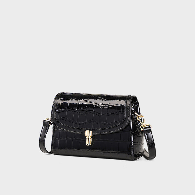 Black Crocodile Embossed Leather Crossbody Bag - Structured Flap Shoulder Bag with Lock Closure | Women's Classic Handbag