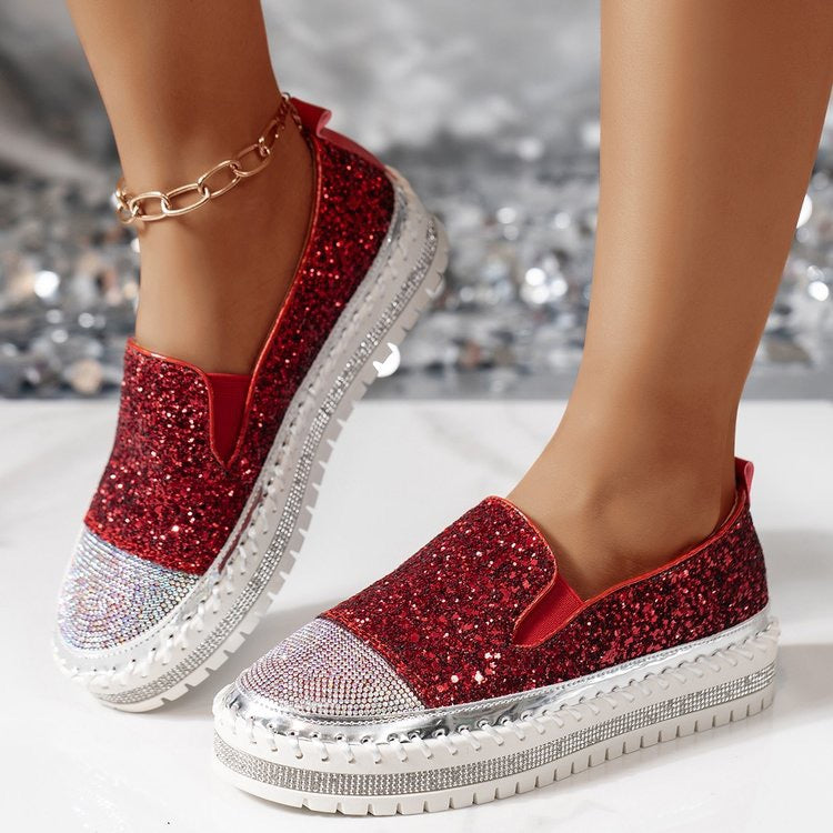 Rose Gold Glitter Rhinestone Platform Slip-On Sneakers for Women | Sequin Sparkle Flatform Loafer Shoes | Crystal Embellished Chunky Sole Casual Shoes | Glamorous Everyday Sneakers
