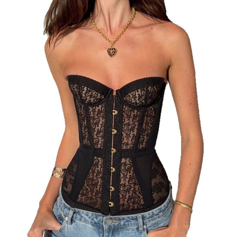 Women's Lace Corset Bustier Top | Strapless Gold Button Front Boned Corset | Sheer Floral Going Out Top