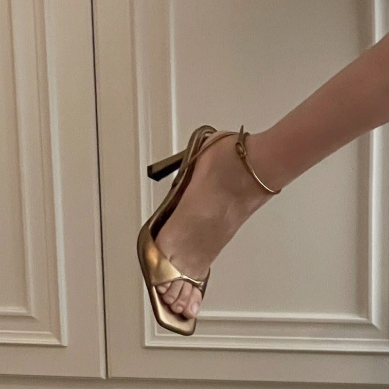Bronze Gold Metallic Leather Square Toe Slingback Stiletto Sandals with Knotted Twist Toe Strap | Luxury Minimalist Evening Heels for Women