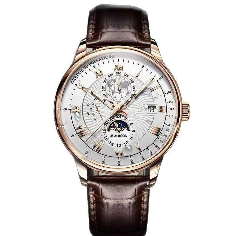 Men's Multi-Complication Moon Phase Watch | Rose Gold White Dial Globe World Map | Pulsation Scale Month Calendar Brown Leather